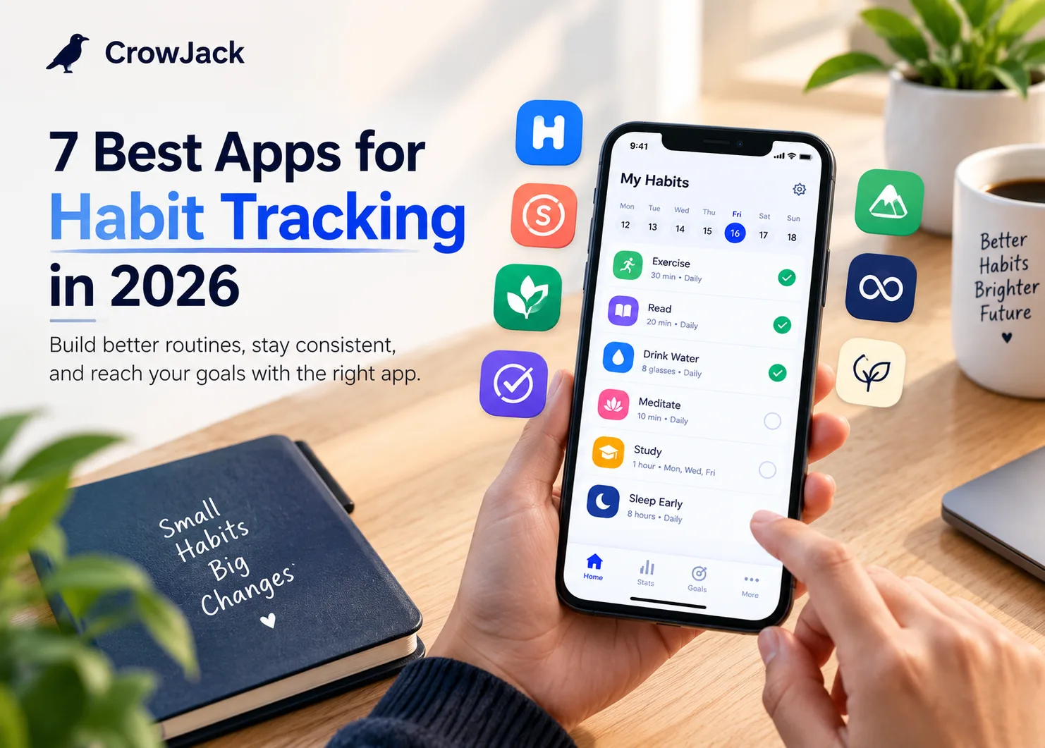 Modern habit tracking app banner showing a smartphone with daily habit checklists, progress indicators, and colorful app icons beside a notebook and coffee mug. The design promotes consistent routines, self-improvement, goal setting, and productivity for users exploring habit tracking apps.
